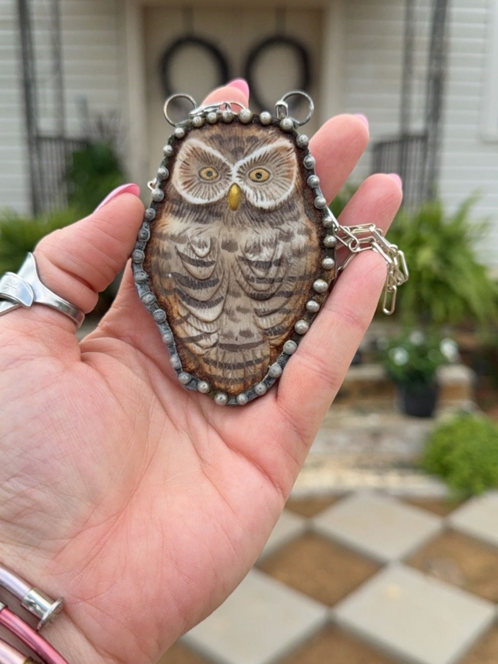 Handpainted Owl Pendant Keychain - Brown & Cream